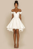 White Satin A Line Short Off the Shoulder Graduation Dress