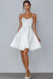 White A Line Spaghetti Straps Short Satin Graduation Dress