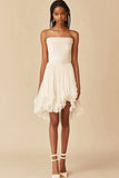 White Strapless A Line Pleated Graduation Dress with Ruffles