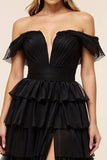 Chiffon A Line Tiered Long Black Formal Dress with Slit