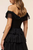 Chiffon A Line Tiered Long Black Formal Dress with Slit