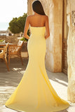 Elegant Yellow Satin Mermaid Strapless Long Prom Dress with Slit