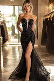 Sparkly Black Strapless Sequins Mermaid Long Prom Dress with Slit