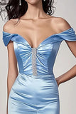 Satin Sky Blue Mermaid Off the Shoulder Long Prom Dress with Slit