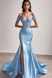 Sky Blue Satin Mermaid Ruched Long Prom Dress with Slit