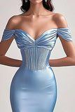 Sky Blue Satin Mermaid Ruched Long Prom Dress with Slit