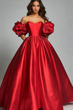Red Satin Ball Gown Puff Sleeves Strapless Long Prom Dress
