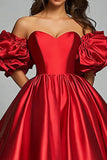 Red Satin Ball Gown Puff Sleeves Strapless Long Prom Dress