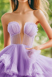 Lilac Tulle Ball Gown Strapless Tiered Long Prom Dress with Ruffles
