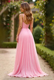 A Line Chiffon Pink Pleated Long Prom Dress with Slit