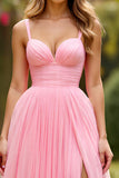 A Line Chiffon Pink Pleated Long Prom Dress with Slit