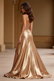 Metallic Gold A Line Sweetheart Ruched Long Prom Dress with Slit
