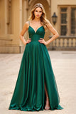 A Line Satin Dark Green Spaghetti Straps Long Prom Dress with Slit