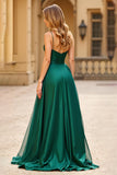 A Line Satin Dark Green Spaghetti Straps Long Prom Dress with Slit