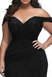 Black Mermaid Ruched Plus Size Maxi Prom Dress with Appliques