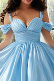 Sky Blue Cold Shoulder Satin Ruched A Line Plus Size Prom Dress