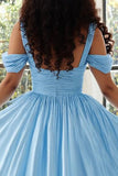 Sky Blue Cold Shoulder Satin Ruched A Line Plus Size Prom Dress