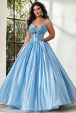 Sky Blue Keyhole Spaghetti Straps Ruched Ball Gown Plus Size Prom Dress