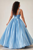 Sky Blue Keyhole Spaghetti Straps Ruched Ball Gown Plus Size Prom Dress