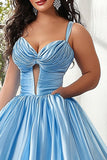Sky Blue Keyhole Spaghetti Straps Ruched Ball Gown Plus Size Prom Dress