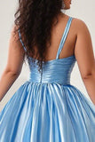 Sky Blue Keyhole Spaghetti Straps Ruched Ball Gown Plus Size Prom Dress