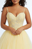 Daffodil Spaghetti Straps A Line Maxi Plus Size Prom Dress with Appliques