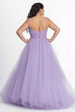 Lilac A Line Appliqued Spaghetti Straps Plus Size Long Prom Dress