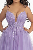 Lilac A Line Appliqued Spaghetti Straps Plus Size Long Prom Dress