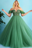 Plus Size Green Off the Shoulder A Line Long Prom Dress with Appliques