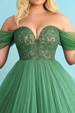Plus Size Green Off the Shoulder A Line Long Prom Dress with Appliques