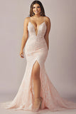 Pink Lace Mermaid V Neck Long Prom Dress with Slit