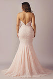 Pink Lace Mermaid V Neck Long Prom Dress with Slit