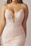 Pink Lace Mermaid V Neck Long Prom Dress with Slit