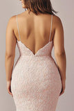 Pink Lace Mermaid V Neck Long Prom Dress with Slit