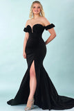 Mermaid Black Satin Off the Shoulder Plus Size Prom Dress with Slit