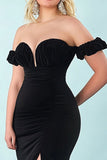 Mermaid Black Satin Off the Shoulder Plus Size Prom Dress with Slit