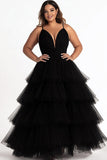 Black Tiered Spaghetti Straps A Line Maxi Plus Size Prom Dress