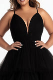 Black Tiered Spaghetti Straps A Line Maxi Plus Size Prom Dress