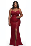 Red Spaghetti Straps Mermaid Sequined Plus Size Prom Dress with Slit