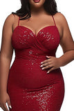 Red Spaghetti Straps Mermaid Sequined Plus Size Prom Dress with Slit