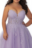 Lilac Ball Gown Strapless Plus Size Long Prom Dress with Appliques
