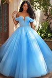 Sky Blue Off the Shoulder Ball Gown Plus Size Maxi Prom Dress