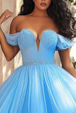 Sky Blue Off the Shoulder Ball Gown Plus Size Maxi Prom Dress