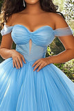 Sky Blue Ball Gown Keyhole Off the Shoulder Maxi Plus Size Prom Dress