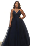 A Line Plus Size Navy Halter Neck Appliqued Long Prom Dress