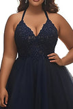 A Line Plus Size Navy Halter Neck Appliqued Long Prom Dress