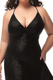 Glitter Black Halter Sheath Maxi Plus Size Prom Dress
