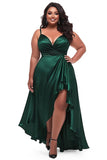 Dark Green Satin Plus Size High Low Ruched Prom Dress