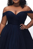 Navy Off the Shoulder Long Ruched A Line Plus Size Prom Dress
