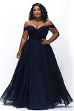 Navy Off the Shoulder Long Ruched A Line Plus Size Prom Dress